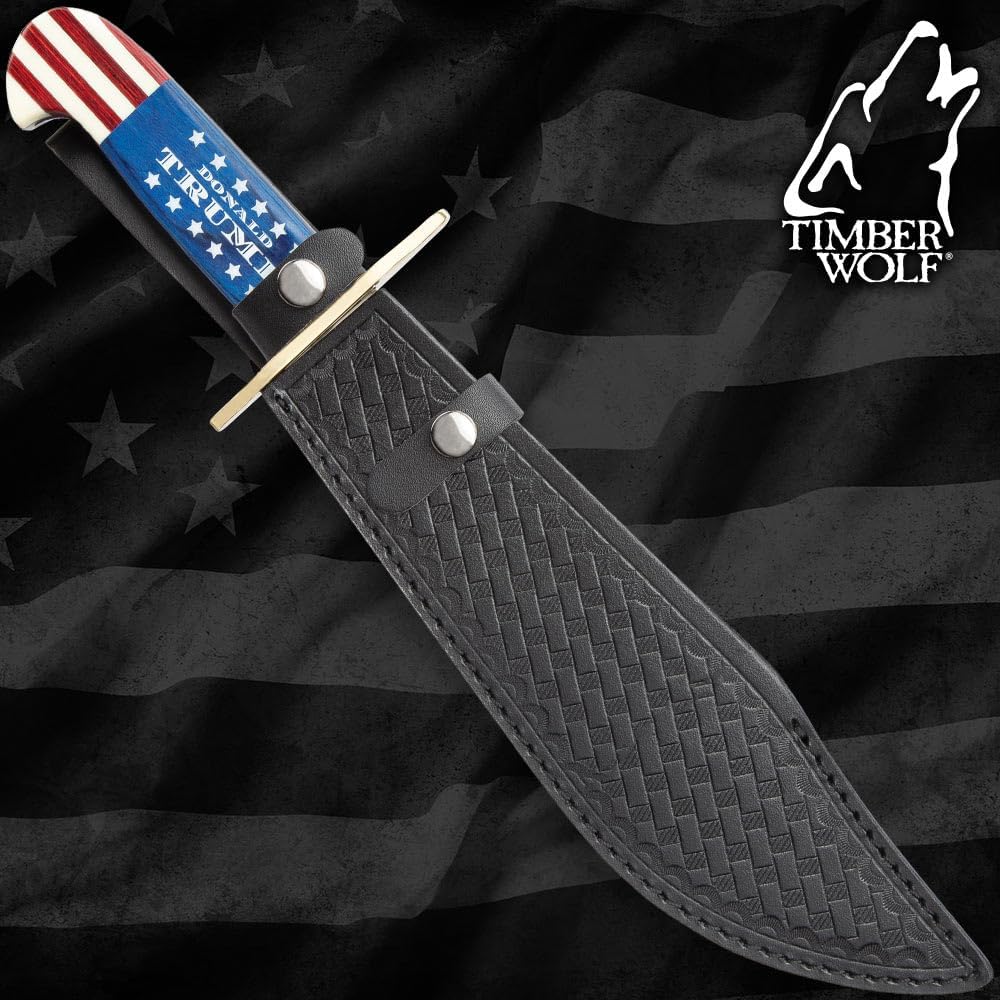 Timber Wolf Limited Edition Trump Bowie Knife | 10 1/2" Full Tang Stainless Steel Blade | Brass Handguard | Premium Leather Belt Sheath | 16" Overall