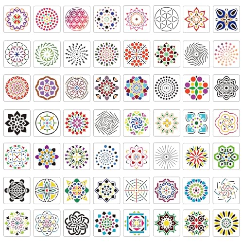 56 Stücks Mandala Schablonen, 9x9cm Wiederverwendbare Mandala Schablonen für Malerei Mandala Dotting Stencil Crafts Zeichnung Vorlagen für Felsen Holz Leinwand Stoff Kunstprojekte