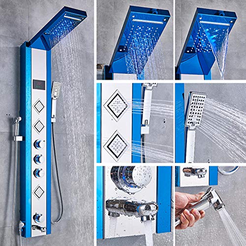 Panel de ducha hidroeléctrico azul y negro, columna de ducha con LED, lluvia y cascada, pantalla digital LCD y rociador bidet miniatura 4