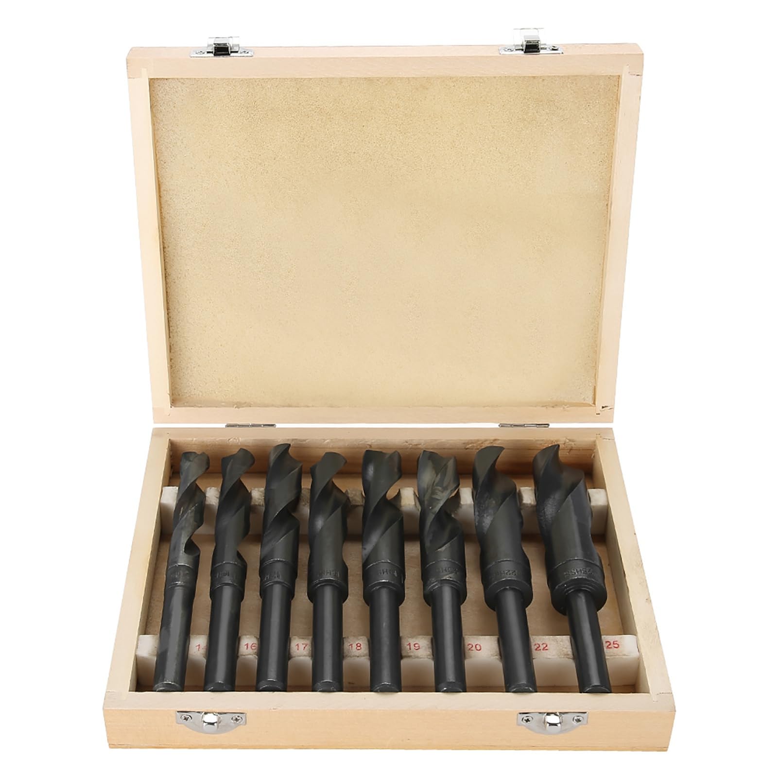 8 punte da trapano in acciaio per cuscinetti, set di punte elicoidali con codolo ridotto da 14 mm a 25 mm per foratura di metallo, legno e plastica con custodia in legno