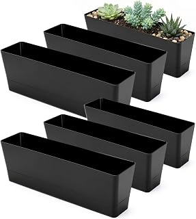 GREANER Rectangle Window Boxes, 6PCS 16x3.8 Inch Black Herb Planters with RemovableTray and Drainage Hole, Succulent Flowers Plastic Pot for Balcony, Office, Windowsill, Garden, Outdoor Decoration Use