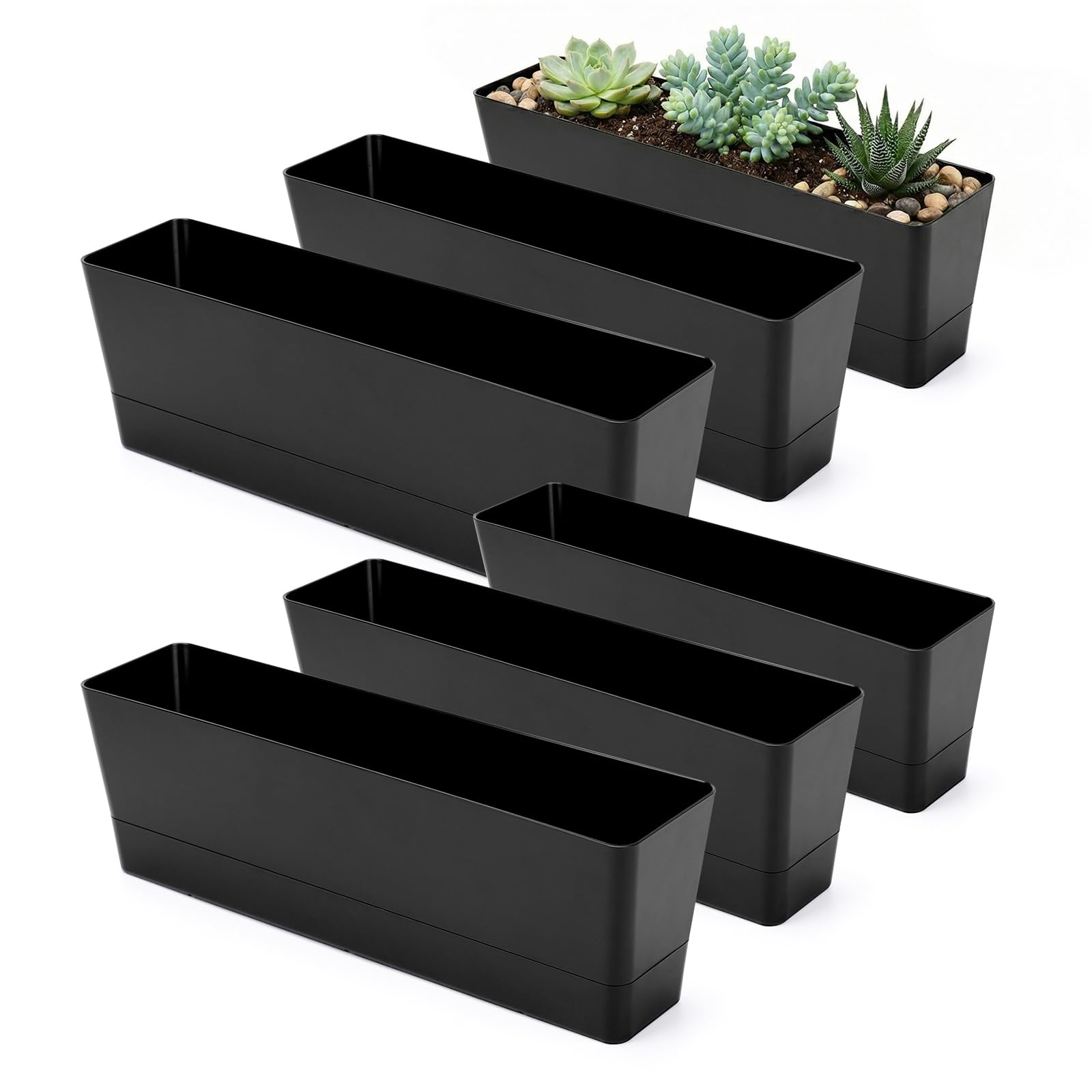 GREANER Rectangle Window Boxes, 6PCS 16x3.8 Inch Black Herb Planters with RemovableTray and Drainage Hole, Succulent Flowers Plastic Pot for Balcony, Office, Windowsill, Garden, Outdoor Decoration Use