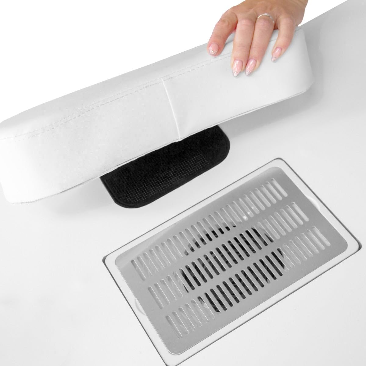 Tavolo Professionale per Manicure in MDF 120x45cm 3 Cassetti Collettore Polvere 6W Cuscino Ergonomico 8 Rotelle Frenanti