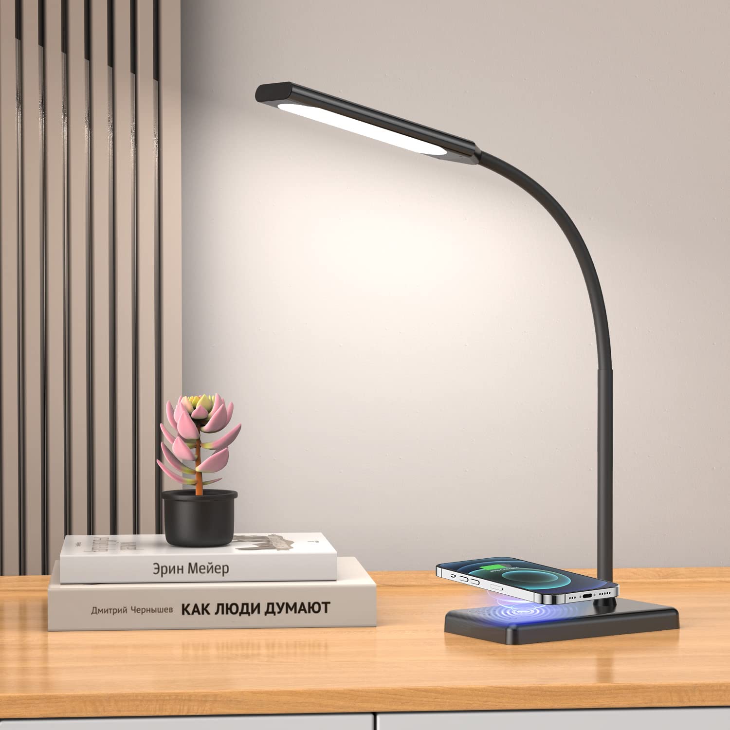 KEXINLED Desk Touch Lamp with Wireless Charging & USB Charging Table Lamp 5 Color Modes 6 Brightness Levels Eye-Caring Gooseneck Desk Lamp for Home Office with Memory Function 1h Timer Bedside Lamp