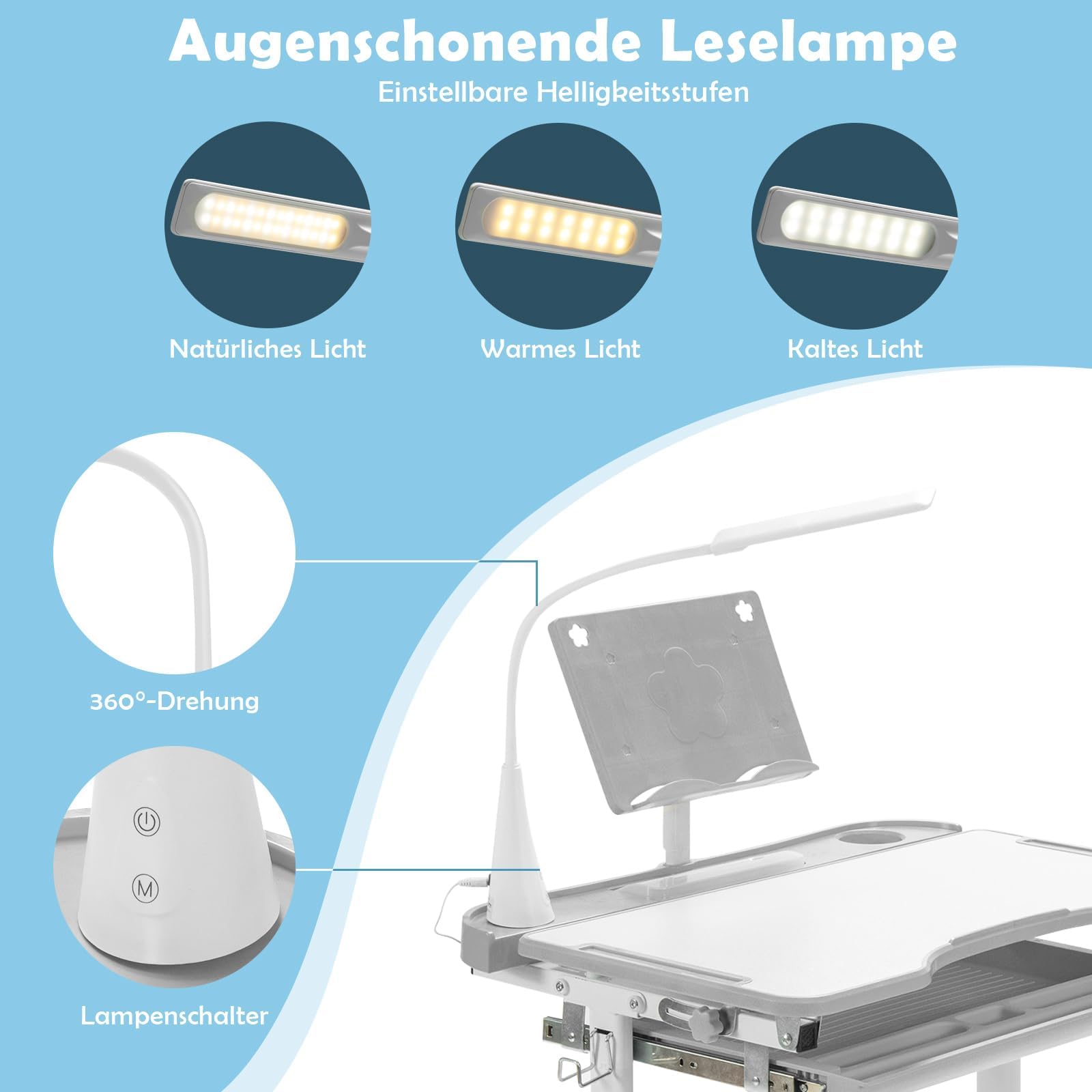 FANTASK höhenverstellbarer Kinderschreibtisch Set mit gekippter Tischplatte & Schublade & mit Bücherständer & LED-Licht, Kinder Schreibtisch (Grau)