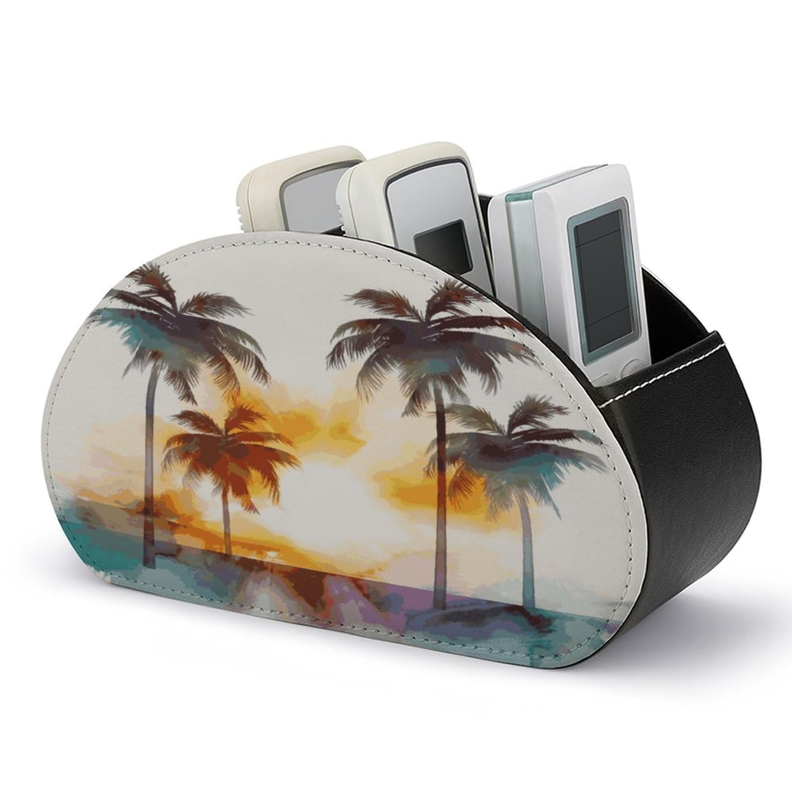 FekiLoot Palm Trees Sunset Remote Control Holder with 5 Compartments Multi-functional TV Remote Caddy Organizer Leather TV Remote Holder Desktop Organizer Store for Bedside Table Office Desk