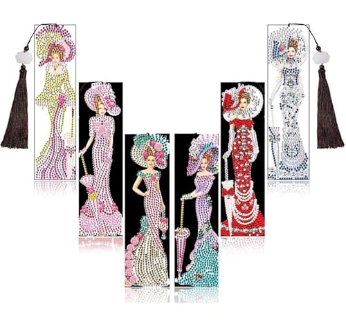 6 Pieces Beautiful Dress Lady Bookmark Diamond Rhinestone Painting 5D Bookmarks Beaded Leather Tassel Bookmark Beaded Painting Bookmarks For Mother's Day Birthday Gift #TOP4