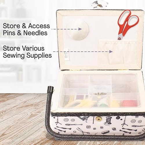 Vista 3 de Sewing Basket Organizer with Complete Sewing Supplies, Wooden Sewing Storage Organizer with Removable Tray Sewing Essentials and Tomato Pincushion