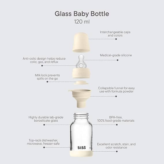 BIBS Glass Baby Bottle, 4.06 oz, 1-Pack, Silicone Nipple, Baby Blue