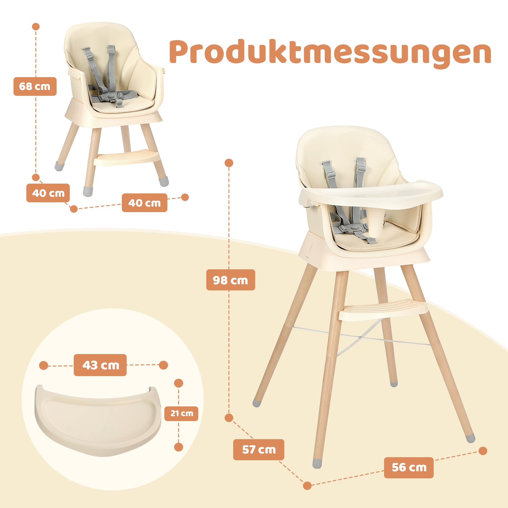 Seggiolone Pappa 6 in 1 Convertibile in Rialzo Sedia Bambino con Gambe in Legno, Cintura 5 Punti, Vassoio Rimovibile, Beige