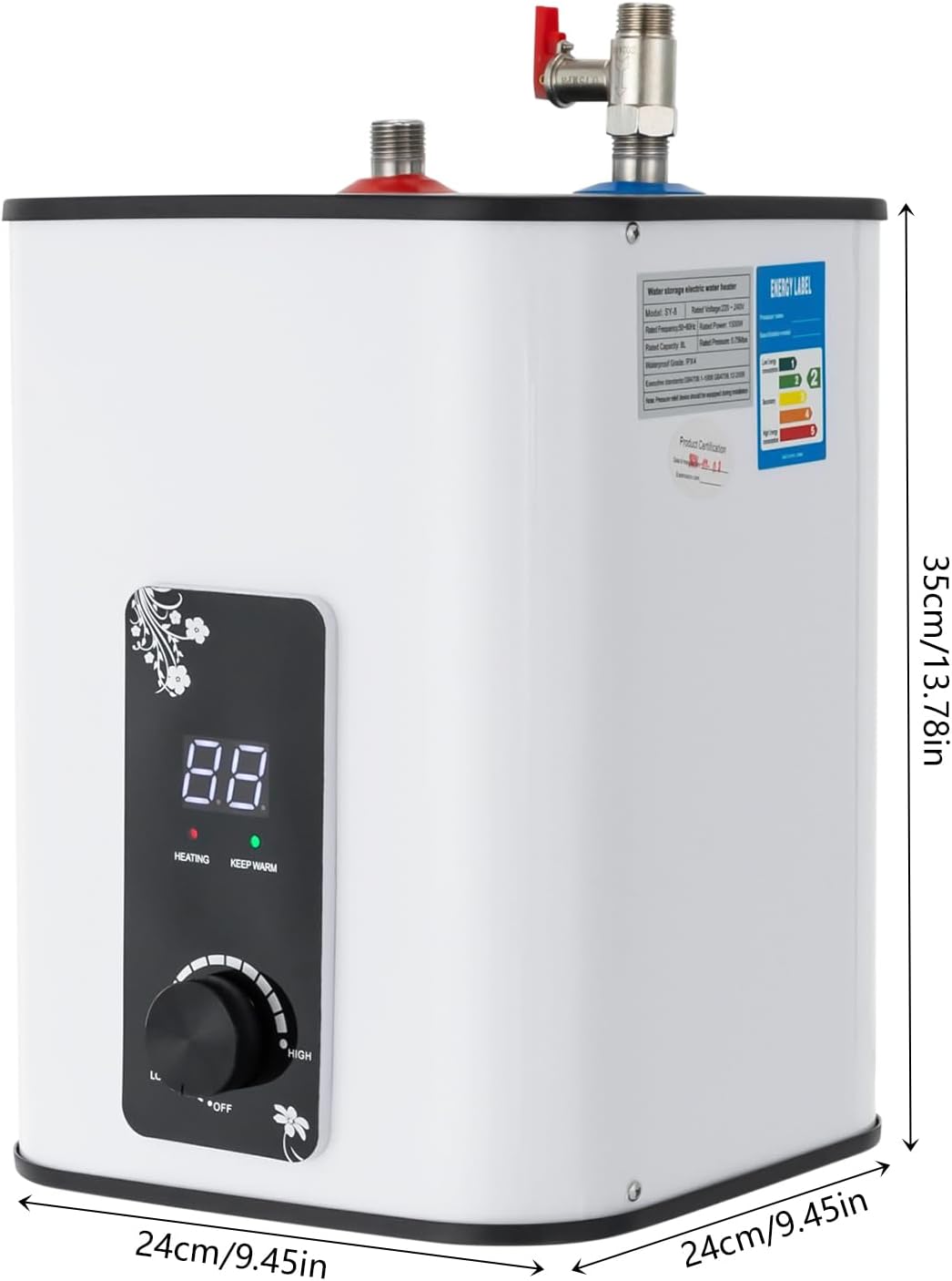 MINRS SY-8 Electric Water Heater with dimensions labeled