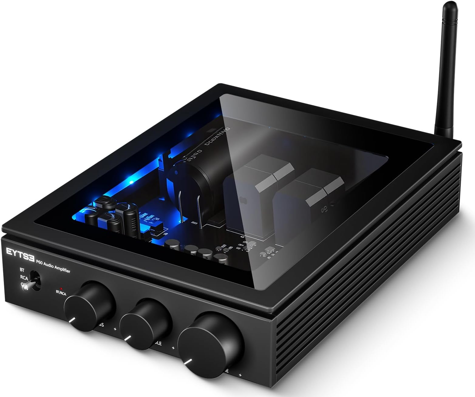 P60 Bluetooth Stereo Amplifier for Passive Speakers, 300W x 2 TPA3255 2 Channel Mini Class D Home Audio Amp with PFFB, Bass Treble Control for Outdoor/Bookshelf/Turntable Speakers