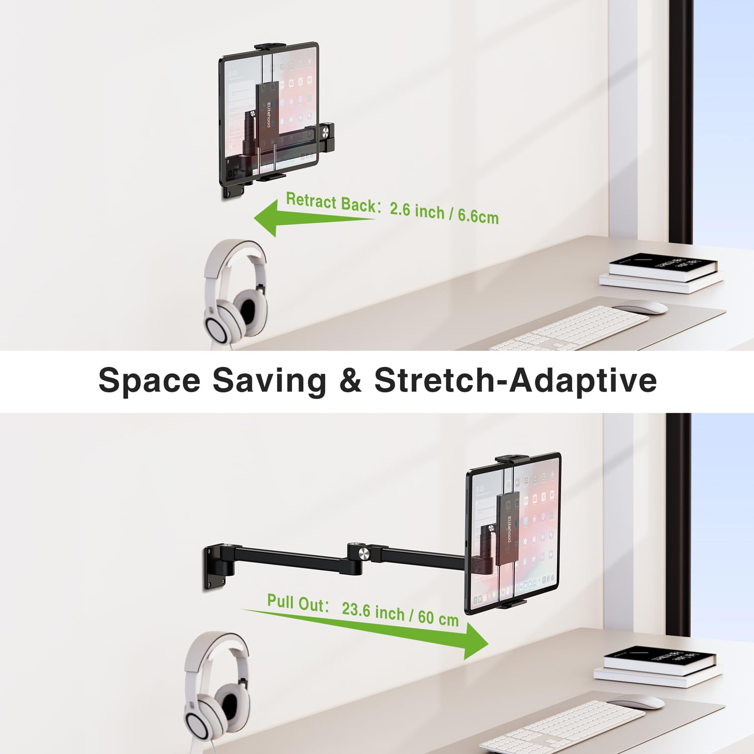 elitehood Supporto da parete per iPad, braccio lungo, estensibile, in alluminio, per tablet, casa, cucina, ufficio, compatibile con iPad Pro, Air, Galaxy Tab, Kindle, iPhone e tutti i tablet da 4,7-13