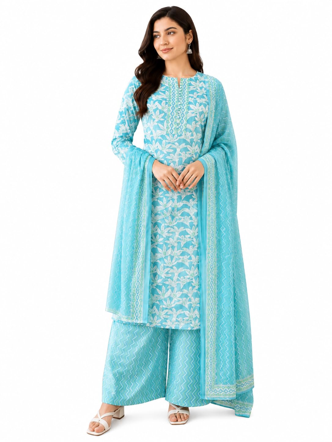 Women's Sky Blue Cambric Cotton Unstitched Salwar Suit Material with Printed Dupatta | Floral Ethnic Dress Material Set | Top, Bottom & Dupatta (2.25 m Each)-image-27