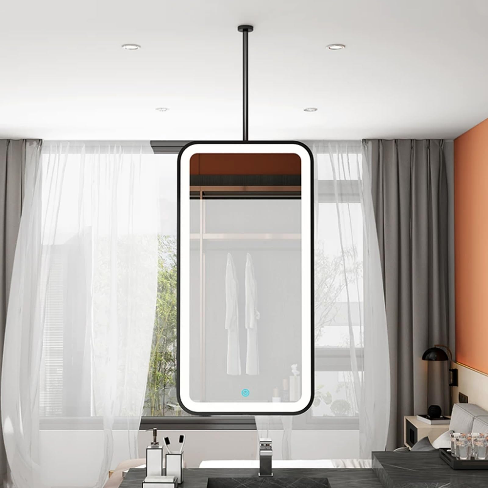 FGXHHS Rectangular ｜Black Metal Framed Wall Mirror with LED Lights｜Modern Ceiling Hanging Mirrors Suspended Illuminated for Hallway Living Room Bedroom(40cmx70cm)