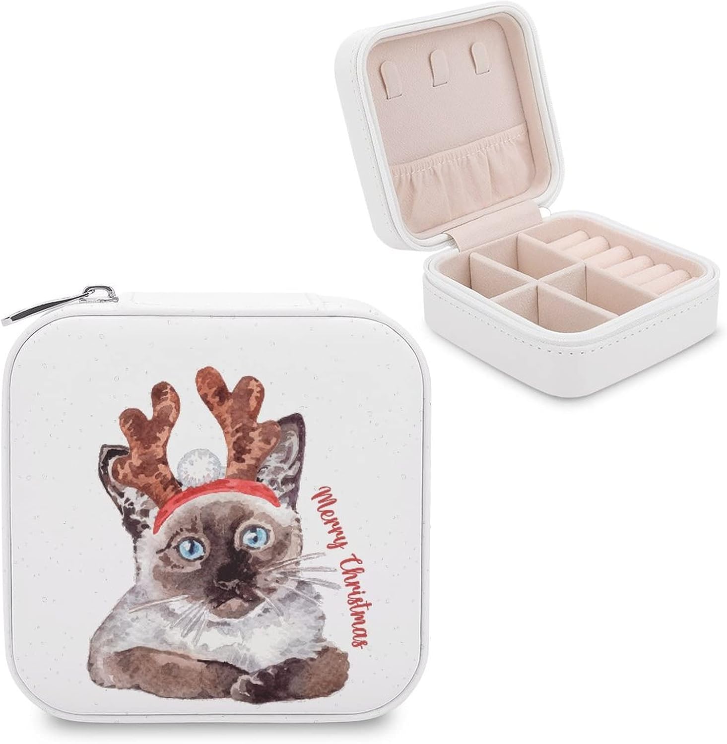 Christmas Cat with Antlers Jewelry Box Funny Pet Dog PU Small Portable Travel Case Holiday Organizer Display Storage Holder Box for Rings, Earrings, Necklaces, Bracelets Cat Owner Gift