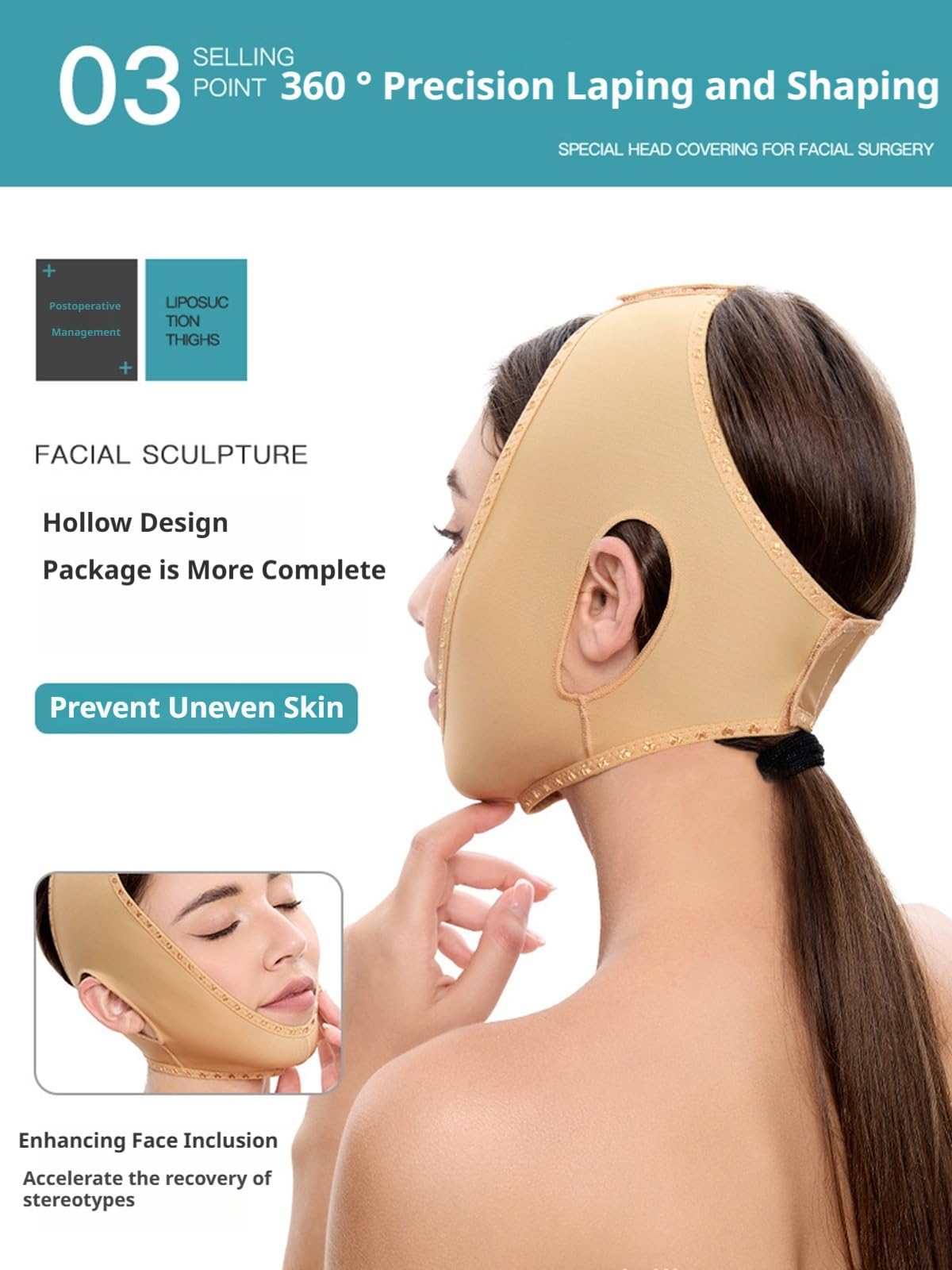 Ceinture de tonification du Visage pour Femmes, Ceinture pour Double Menton après liposuccion, vêtement de Compression Amincissant pour Le Visage, Beige (Grande Taille)
