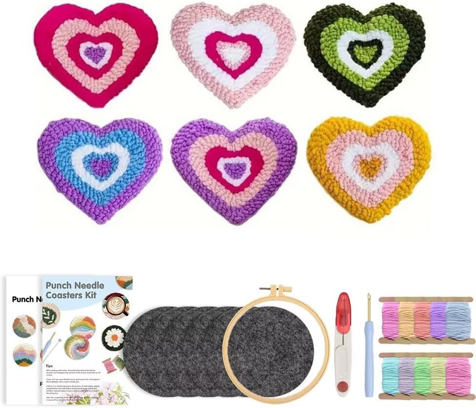 Punch Needle Coaster Kit 6 Patterns Love Tufted Rug Pads, DIY Needle Punch Coaster Kit for Adults Beginners with Adhesive Felt Yarns Embroidery Hoop Tools Instruction