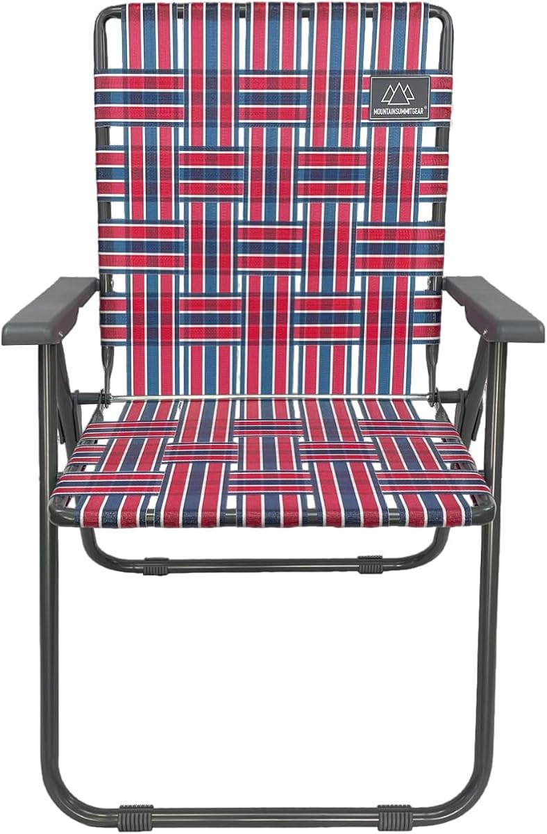 Retro Webbed Camping Chair - Lightweight, Foldable, Durable Steel Frame, 300lb Capacity, Vintage Red/Blue Stripes by Caddis Sports