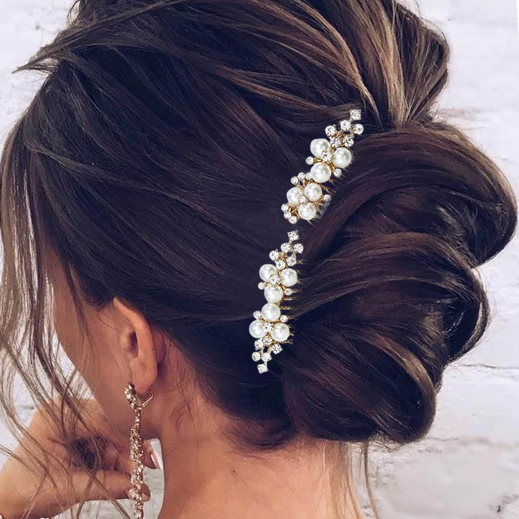 JAKAWIN Pearl Wedding Hair Comb Rhinestone Hair Piece Crystal Bridal Hair Accessories for Women (2 Gold) - Image 2