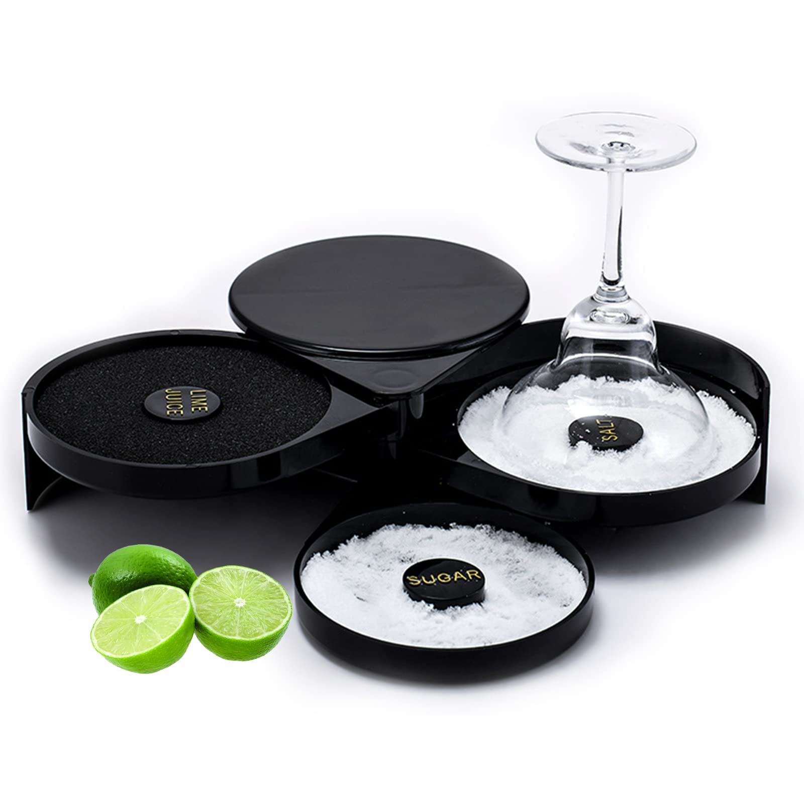 KASTWAVE Bar Glass Rimmer, Tool with Sponge, Margarita Salt and Sugar Rimmer 3 Tier Sugar Salt Rim Lime 3-Tray Black Rimming 3 Compartments