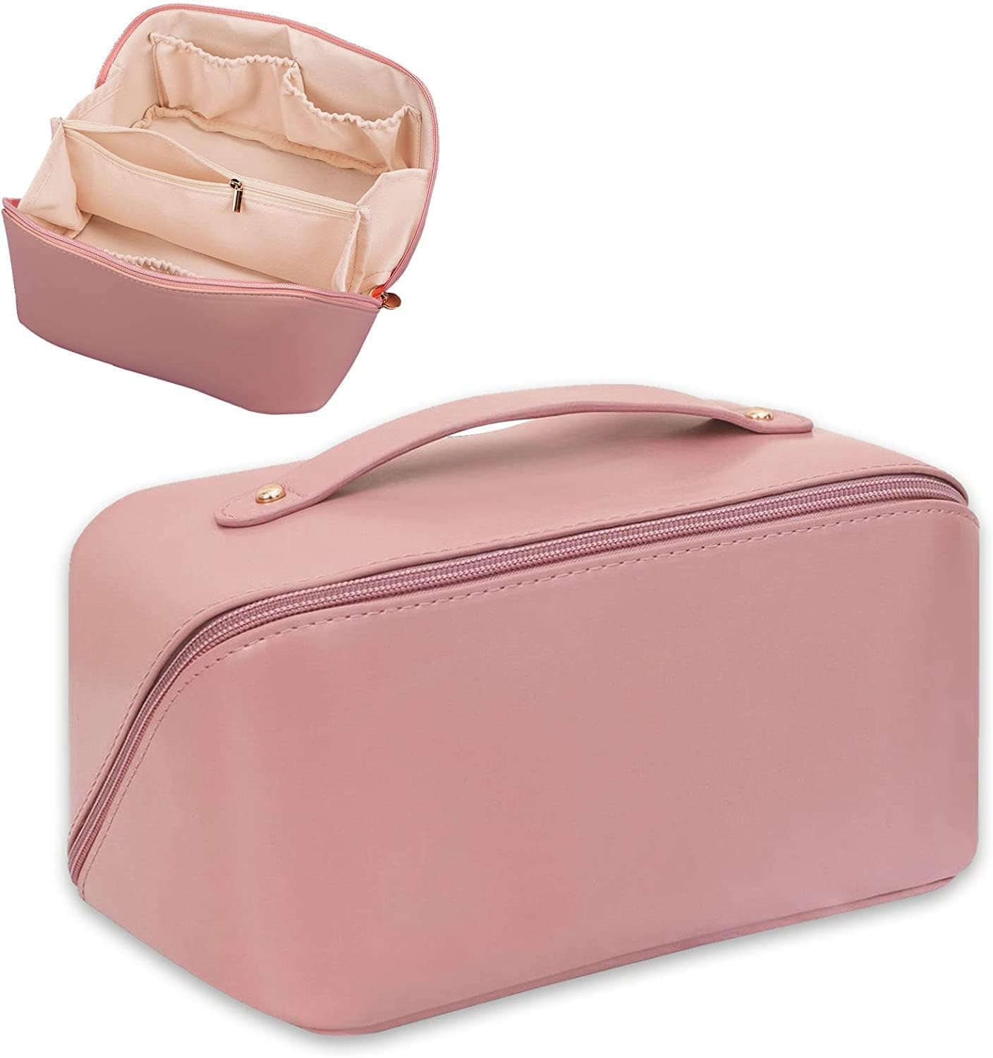 Travel Makeup Bag Large Capacity Cosmetic Organizer with Divider & Handle Waterproof Open Flat Makeup Pouch Portable Toiletry Bag for Women Travel Makeup Storage (Pink)-image-17