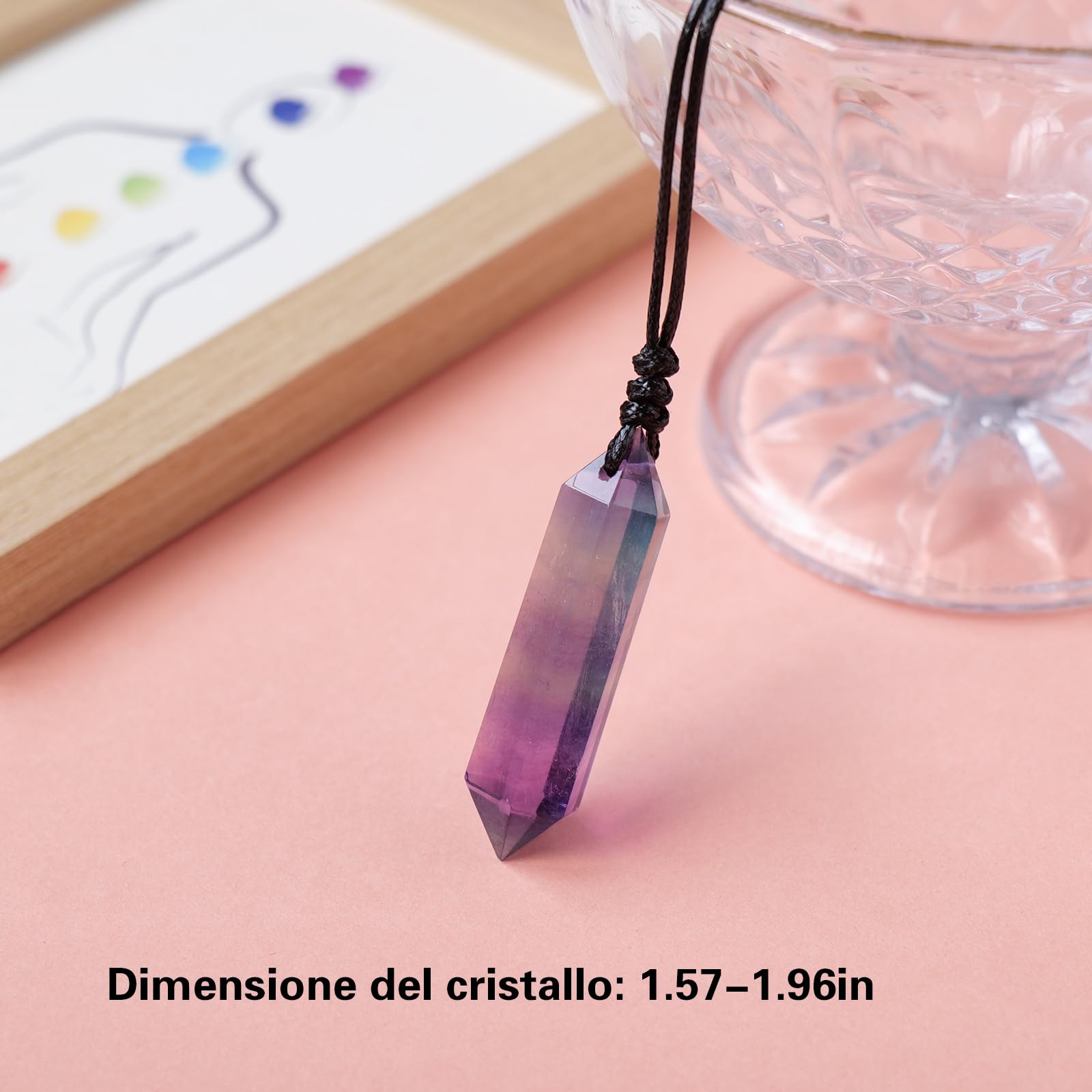 RJINGSHI Natural Colourful Fluorite Double Pointed Crystal Necklace Handmade Woven Healing Crystal Pendant Polished Gemstone Reiki Energy Stone Men and Women Necklace Gift - Image 2