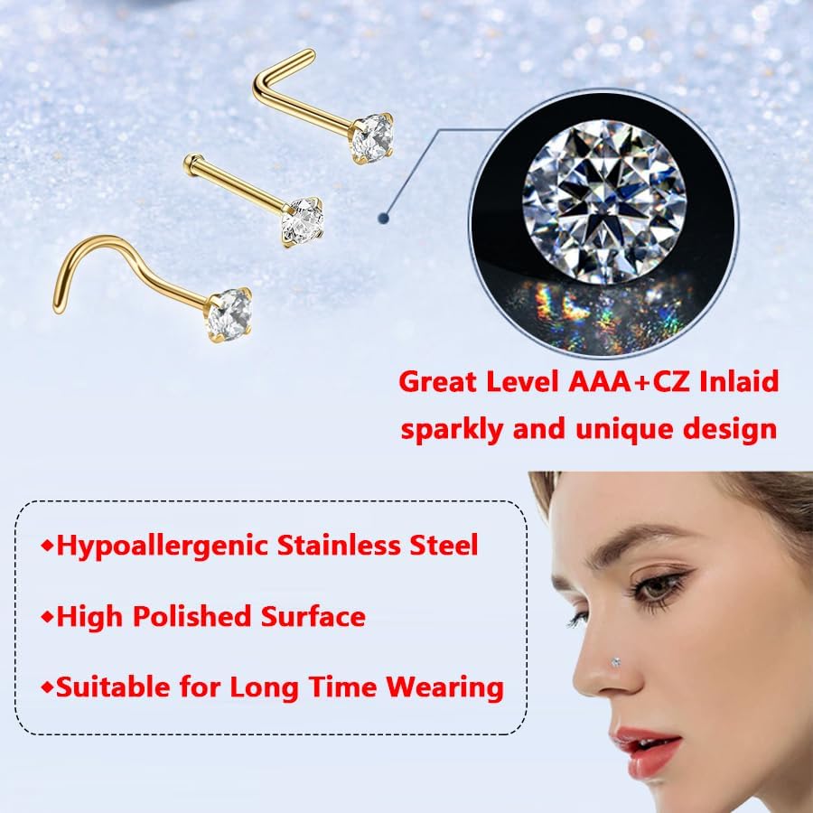 Miniatura 4 de 12 piercings de nariz hipoalergénicos de acero inoxidable quirúrgico 316L de 0.78 oz, anillos de nariz dorados y plateados, joyería en forma de L,
