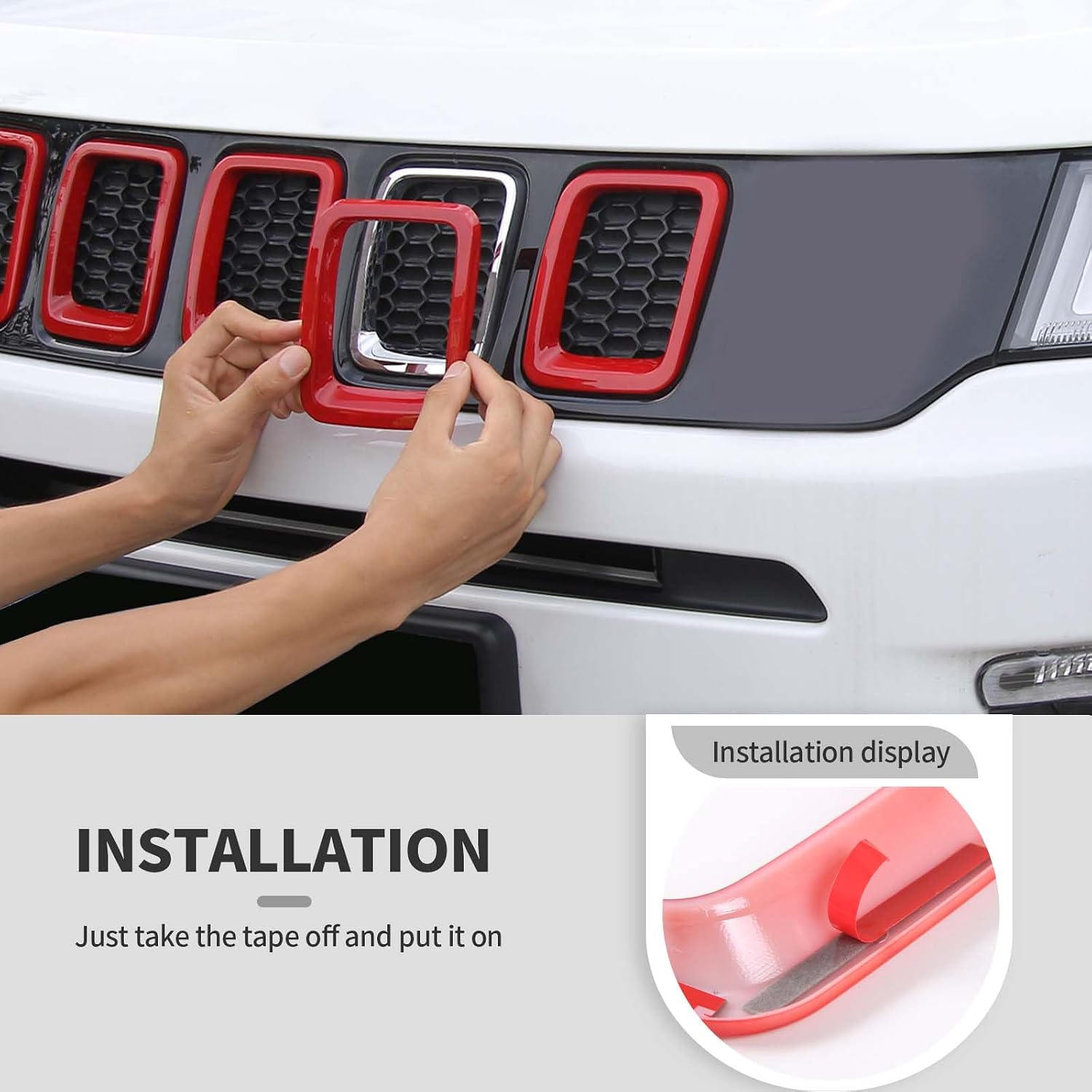 Jimen Compatible with Jeep Compass 2017-2020, 7PCS Front Grille Inserts Grill Cover Exterior Trim Accessories (Red)