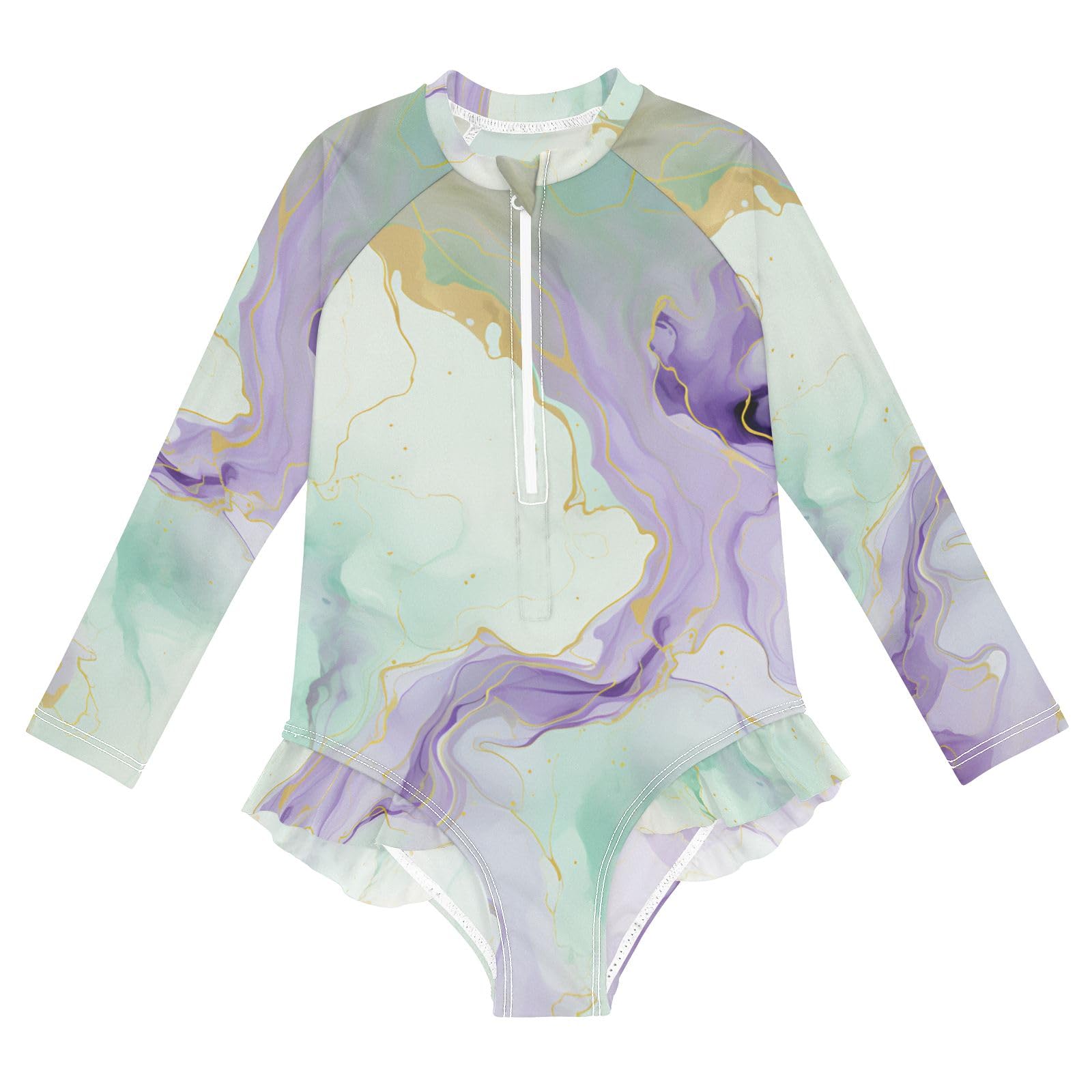 ALAZA Swimsuit for Girls Long Sleeve Rashguard Bathing Suit Marble Aqua Purple Quick Dry 4T