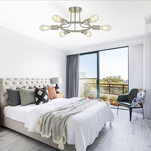 Miniatura 9 de BONLICHT Sputnik Candelabro de níquel cepillado moderno Starburst 6 luces semi empotrado montaje industrial vintage comedor lámpara lámpara UL