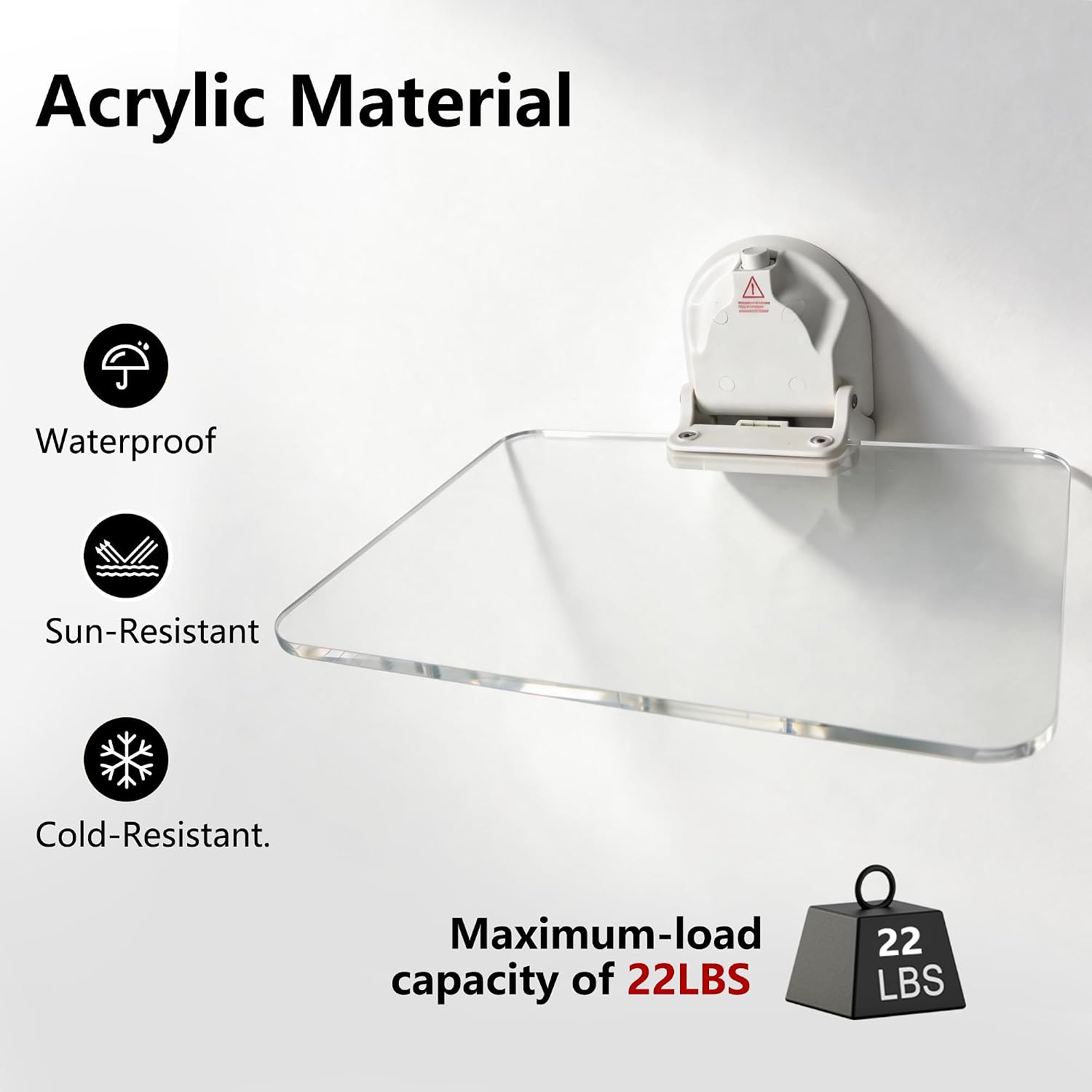Suction Cup Foldable Table, 15.9x13.6in No Drill Acrylic Floating Shelf, Heavy Duty Hanging Storage Tray Home Storage Rack for Outdoor RV Travel