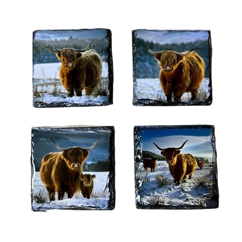 Nessie's Treasure Multicolor Slate Coaster Set – Highland Cows Winter Design – Handcrafted Natural Stone Drink Coasters – Rustic Home Decor,Scotland Gift For Him Or Her.
