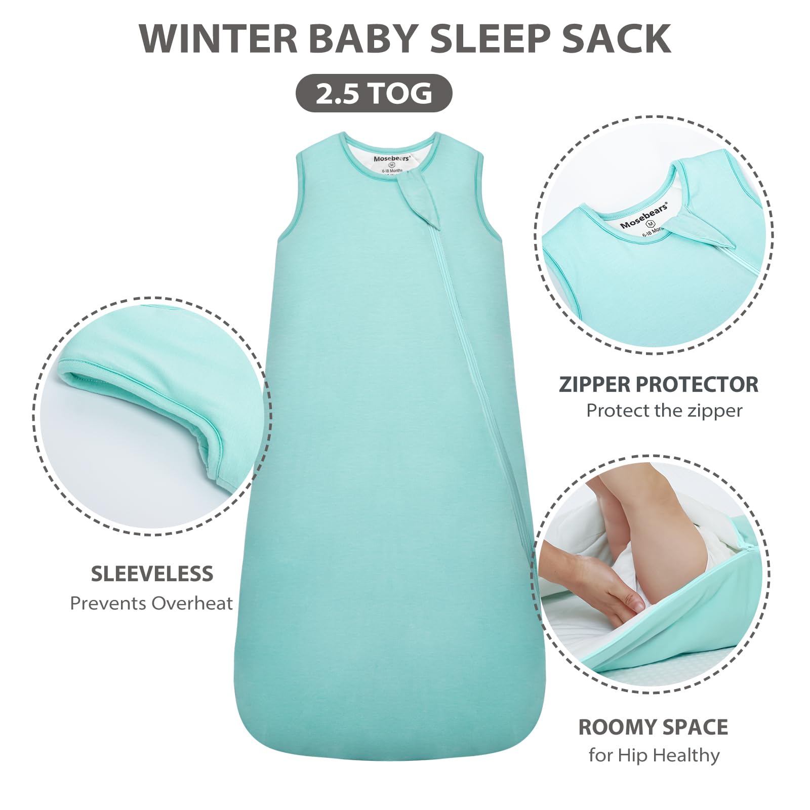 Mosebears Sacco nanna invernale per bambini 2,5 tog,Sacco Nanna Neonato in fibra di bambù, morbidissimo e caldo(6-18 mesi, Verde)