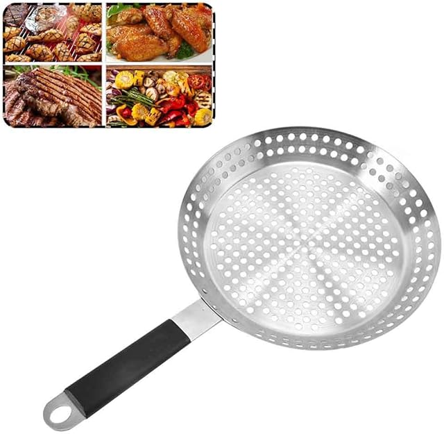 KOET BBQ Frying Pan, Stainless Steel Grill Tray Non Stick Barbecue Basket Pot w/Oil Drain Holes & PP Handle for High-temperature Baking Serving Food Grill Bowl/Plate