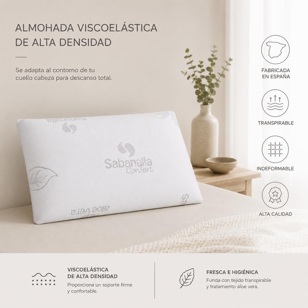 SABANALIA Pack 2 Almohadas Viscoelásticas Aloe Vera Cama 75 | Doble funda: exterior Aloe Vera con cremallera + interior protectora. Altura 14 cm. Medida 75x40 cm.