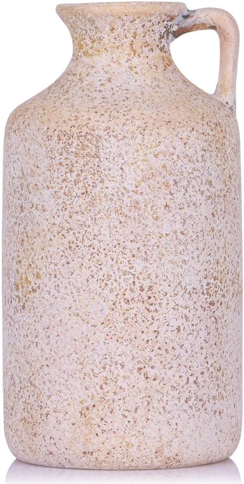Rustic Terracotta Vase with Handle, 10.2 Inch Tall Decorative Stone Vase for Farmhouse Decor, Vintage Pottery Vase for Home, Table, Living Room, Shelf, Entryway, Centerpieces