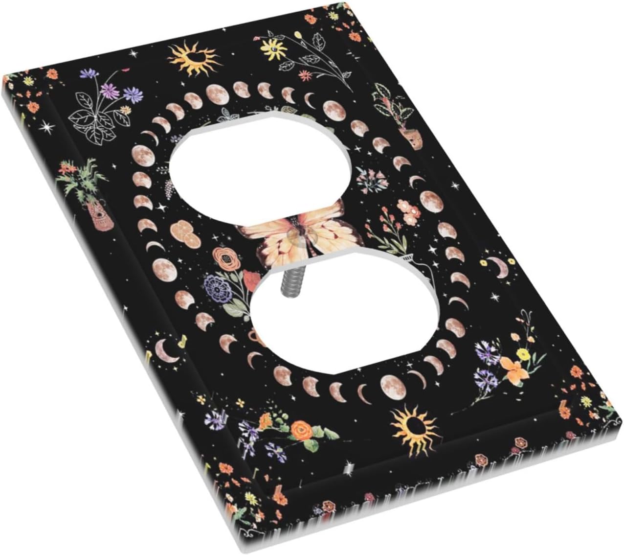 Colorful Floral Sun Moon Phase Flowers Receptacle Outlet Covers 1 Gang Duplex Wall Plate Butterfly Moonlit Moonlight Aesthetic Mysterious Decorative Electrical Light Switch Socket Plug Cover image 3