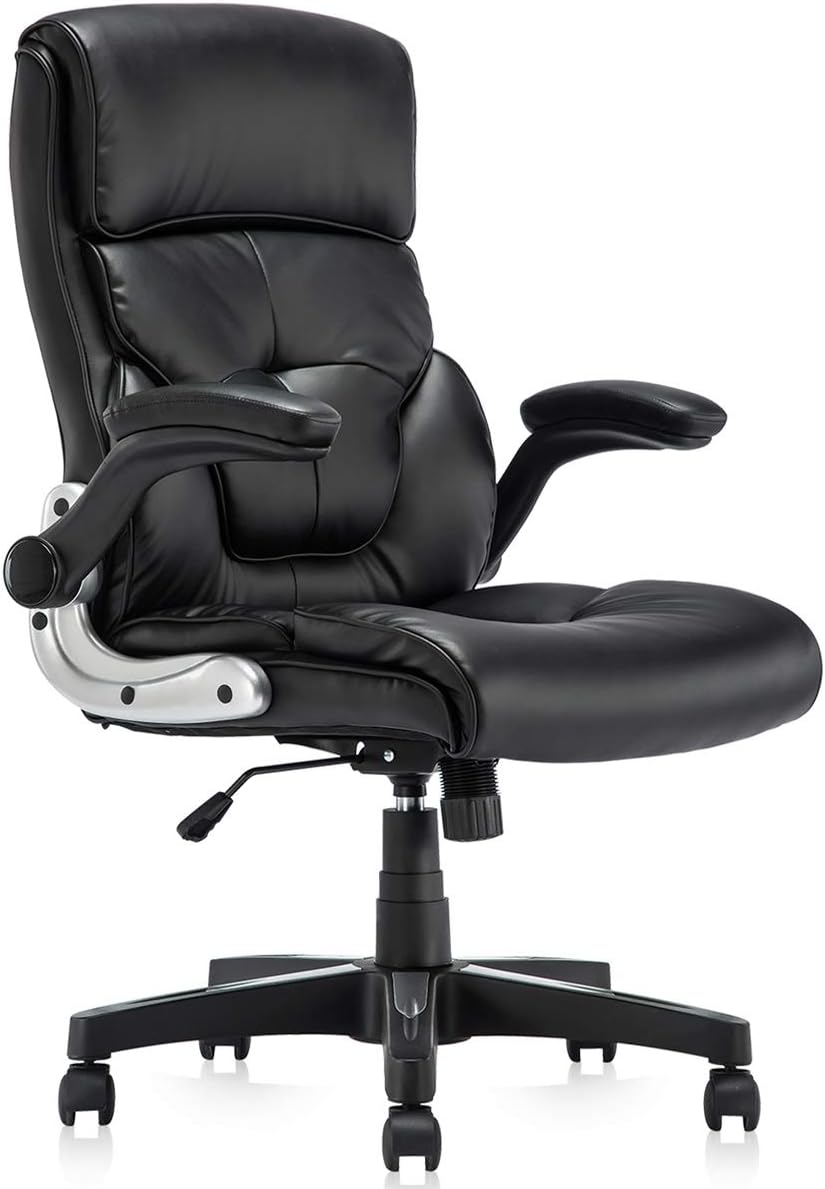 Home Ergonomic Executive Office Chair,Leather Computer Desk Chair with flip up Arms,Wheels and Lumbar Support Swivel Task Managerial Chair for Man&Women Black