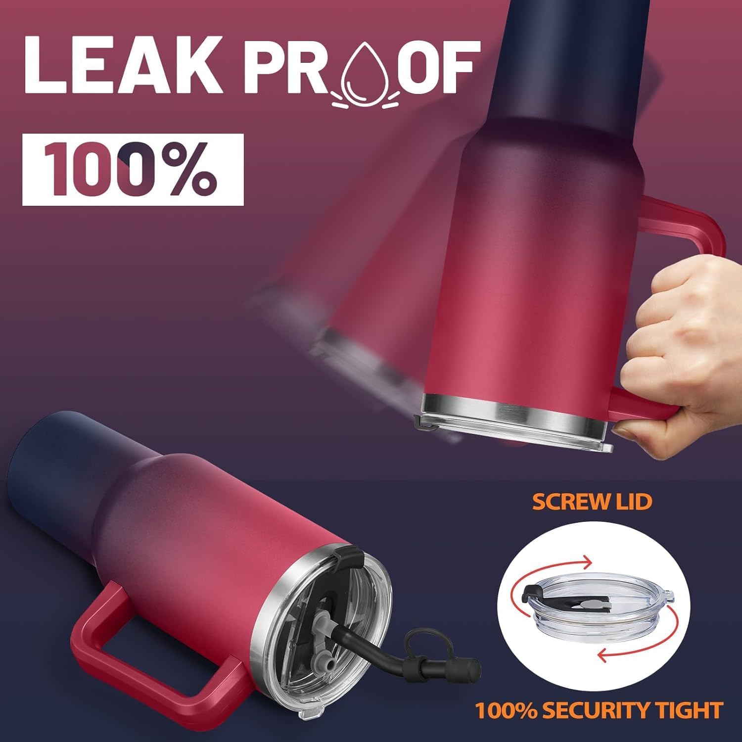 Insulated Tumbler with Straw and Spout Lid - 40 oz Water Bottle w/Handle, Dustproof Cover, Protective Boot, Spill-proof Stainless Steel Hydro Travel Cup Fit Car Cupholder, Coffee Mug - Image 6