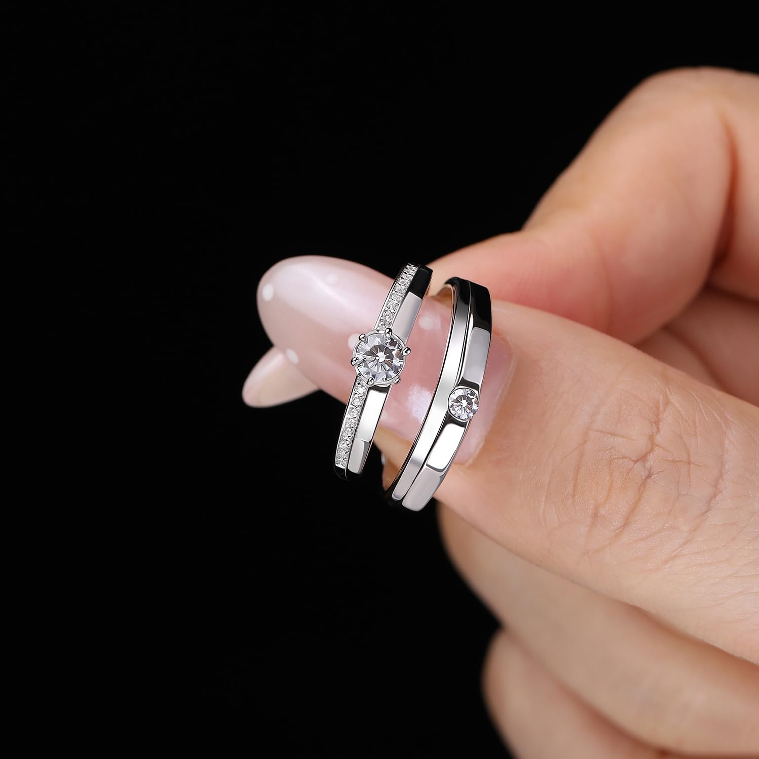 Meissa Anillos de Compromiso Alianzas de Plata Pareja de Ley 925 Con Circonita Redonda y Diseño Clásico Anillos Ajustables para Ella y Él Boda Aniversario Regalo