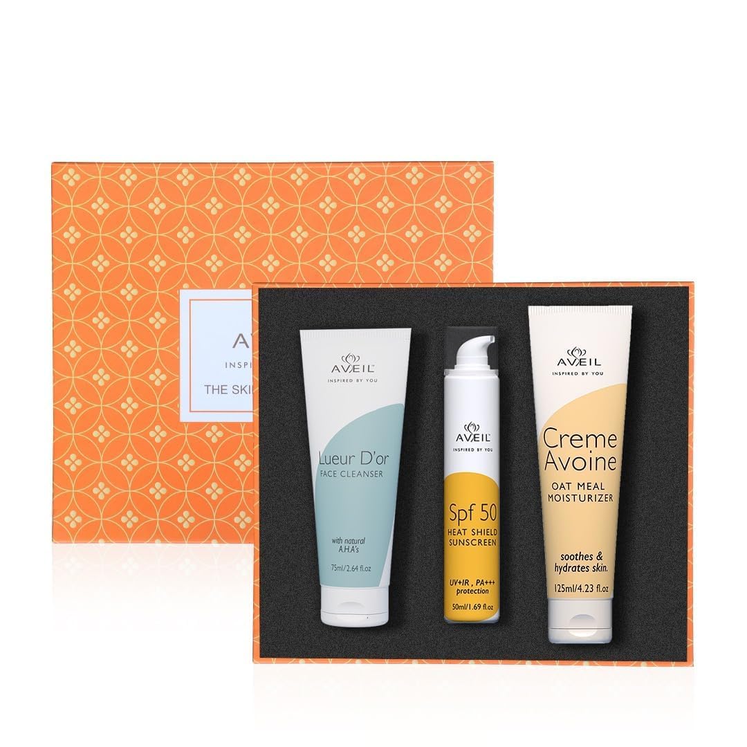 The Skin Essentials Set | Avoine Oat Meal Moisturizer | Lueur D'or Face Cleanser | SPF 50 Gel With Heat Shield | Skin Care Gift for Soothing, Hydrating & Radiant Skin | For All Skin Types