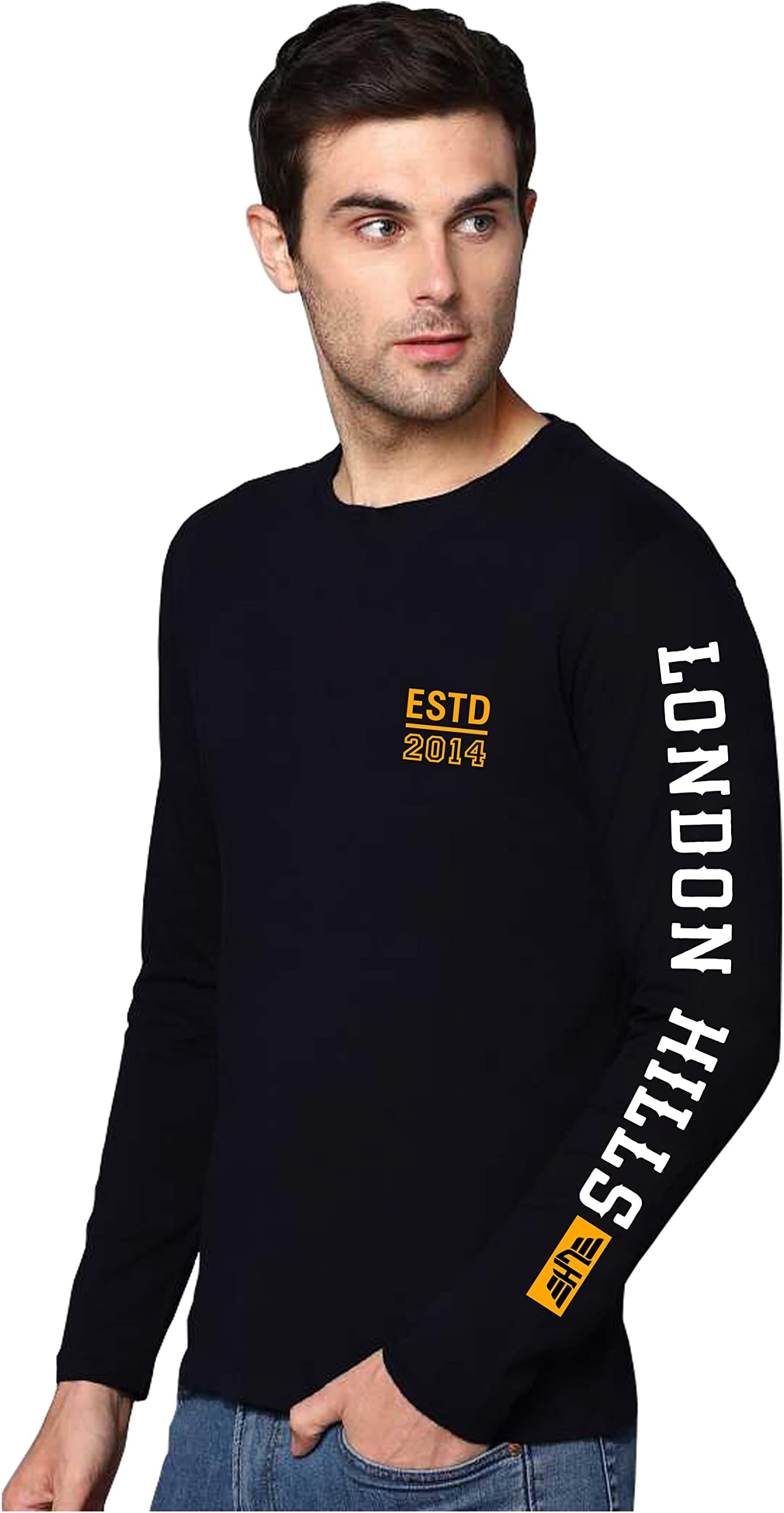 London Hills Cotton Printed Men Round Neck Full Sleeve Black Regular Fit T-Shirt