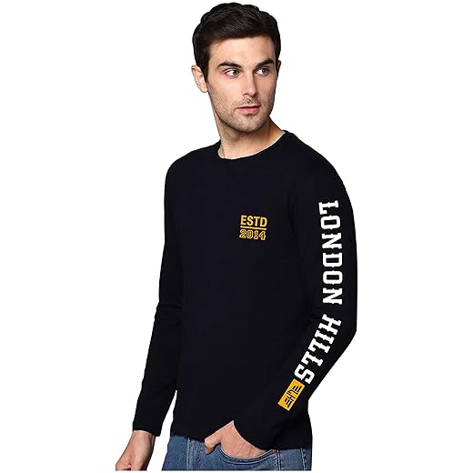 London Hills Cotton Printed Men Round Neck Full Sleeve Black Regular Fit T-Shirt