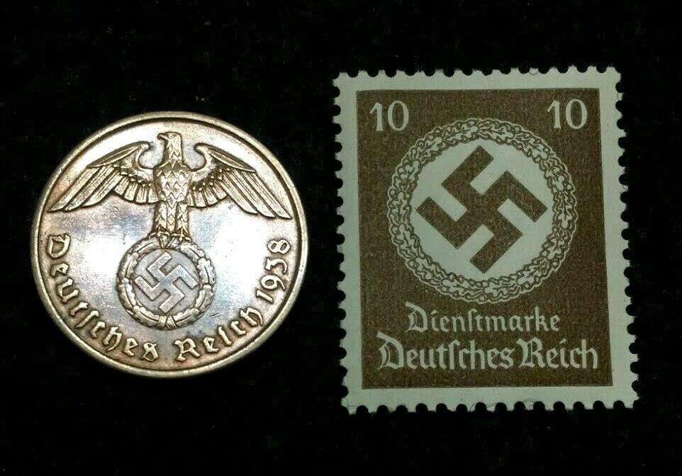 Rare WWII 2 Reichspfennig German Coin (1936–1940) with Swastika 10 Pfennig Stamp MNH – Historic Collectible Set (Random Year/Mint)