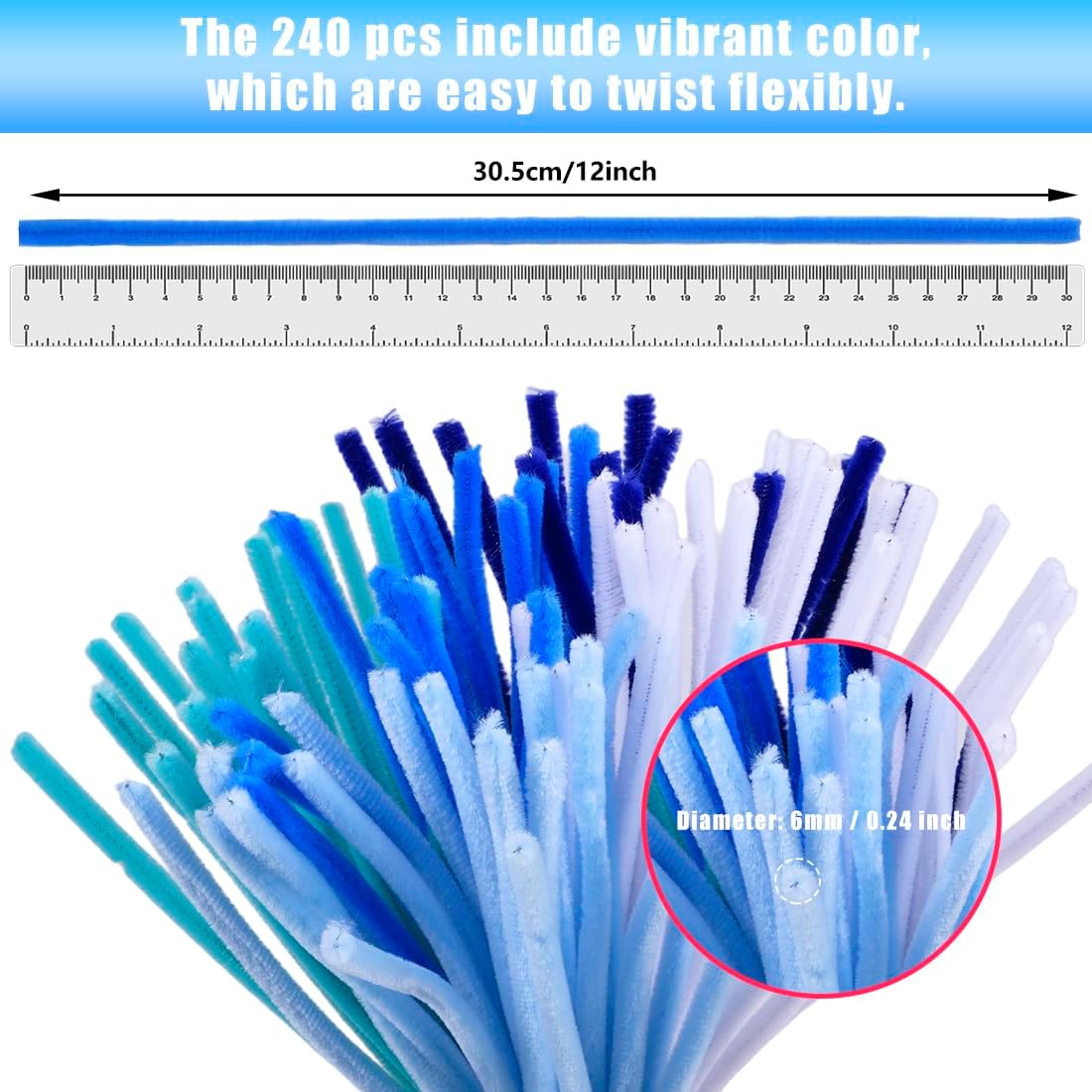 EQUIJUANCE 240 Pcs Pipe Cleaners Bulk Pack, Fluffy Chenille Stems for DIY Crafts,Fuzzy Sticks in Various Color Combinations, Floral Art, Kids' Projects & Party Decorations (Blue)