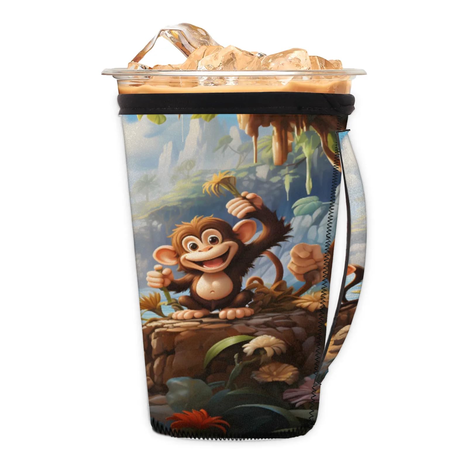 Woods River Monkey Reusable Neoprene Coffee Sleeve with Handle Insulated Iced Coffee Cup Holder Reduces Condensation Fits 24-28 oz Cups M