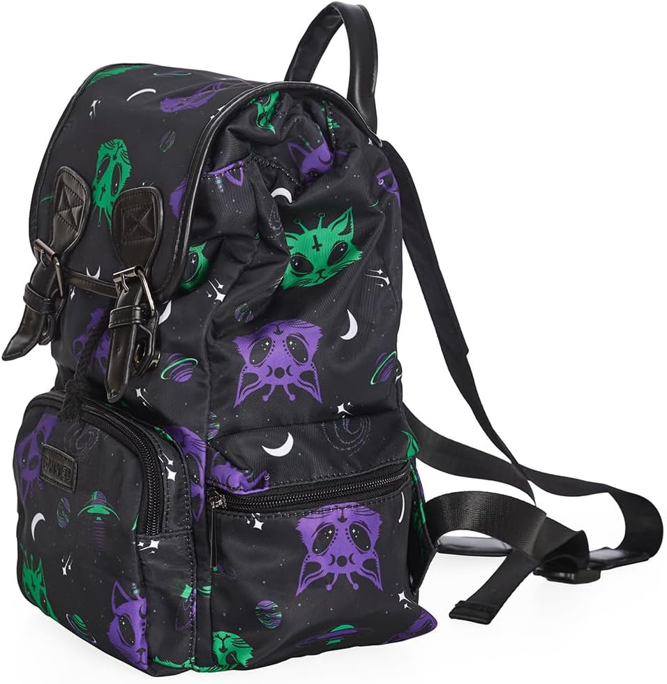 Banned Apparel Alien Cat Black Waterproof Alternative Sci Fi Grunge Punk Unisex Rucksack Backpack Bag, Black, One Size