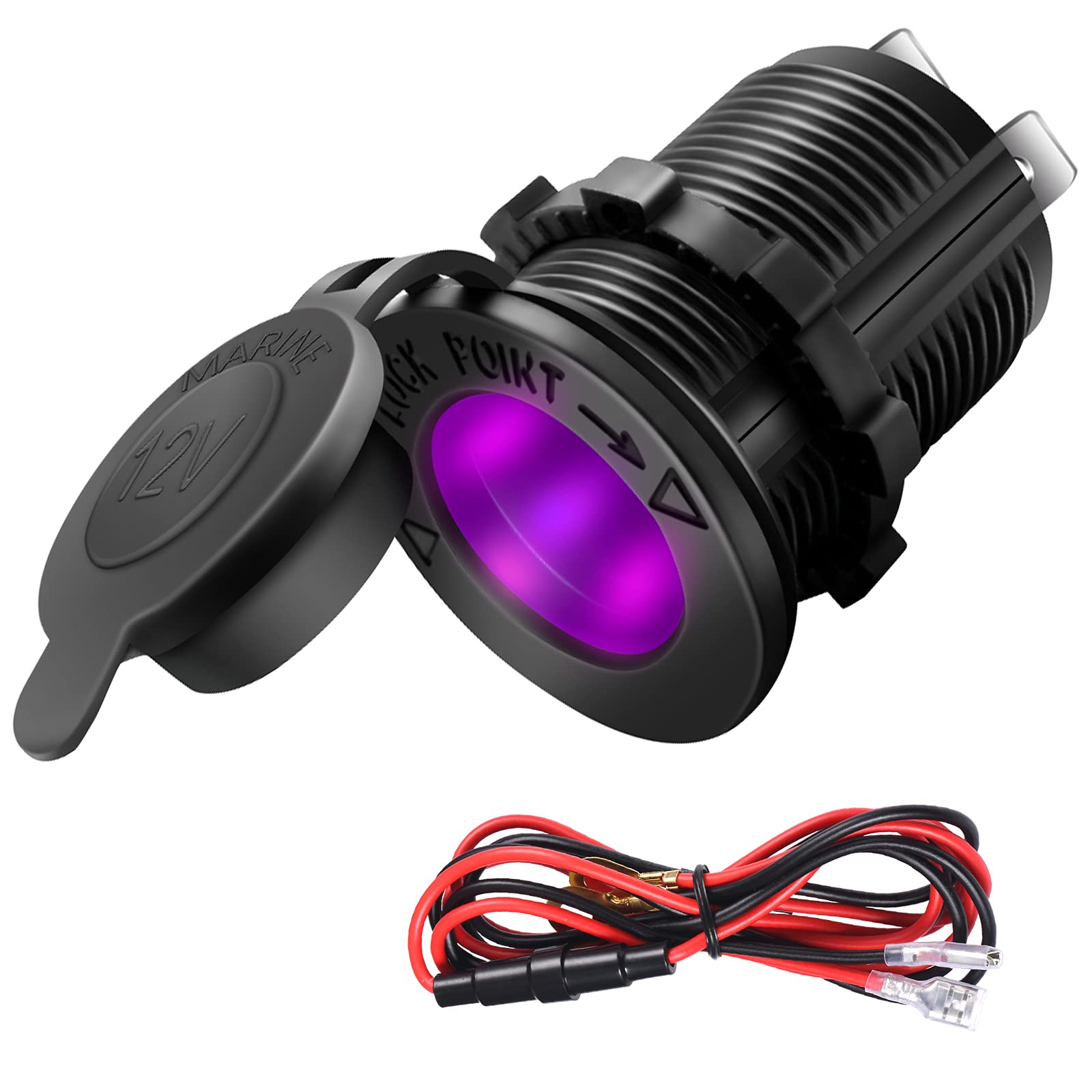 ZHSMS Universal 12V/24V Car Cigarette Lighter Socket Replacement with Purple LED for Car Marine Motorcycle ATV RV and More, Waterproof