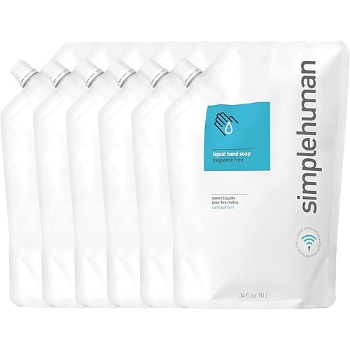 simplehuman Fragrance Free Moisturizing Liquid Hand Soap Refill Pouch, 34 Fl. Oz, Pack of 6